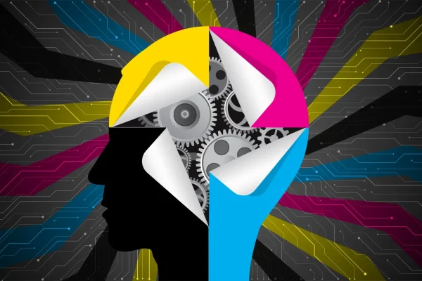 A CMYK techno background with a head in the foreground representing CMYK