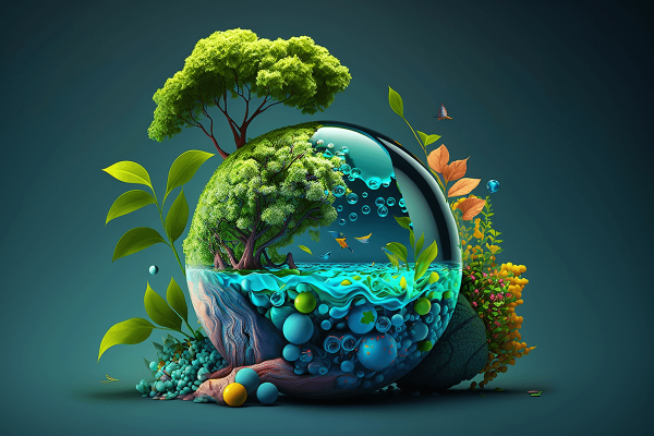 This image shows a vibrant, surreal representation of a natural ecosystem encapsulated within a glass sphere. Inside the sphere, there are lush green trees, flowing water with bubbles, fish, and vibrant foliage, creating a balanced depiction of nature. Surrounding the sphere are additional plants, leaves, and small creatures, giving a sense of growth and harmony. The color palette includes shades of green, blue, and orange, contributing to a feeling of ecological vitality and sustainability.