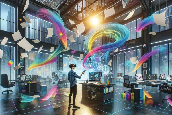 A man with a VR headset on, standing in what looks like a futuristic printing shop